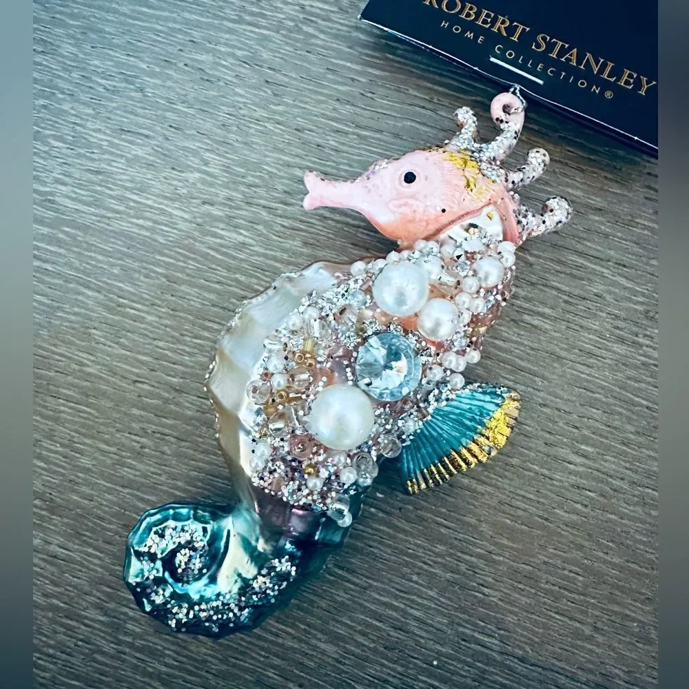 Robert Stanley Glass Seahorse Pearl Jeweled Christmas Holiday Ornament